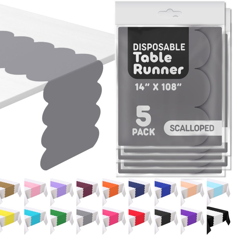 Swanoo Silver Grey Plastic Disposable Table Runner. 5 Pack 14 x 108 inch. Scallop Table Runner Adds A Pop of Color to Your Party Table, by Swanoo - Image 1